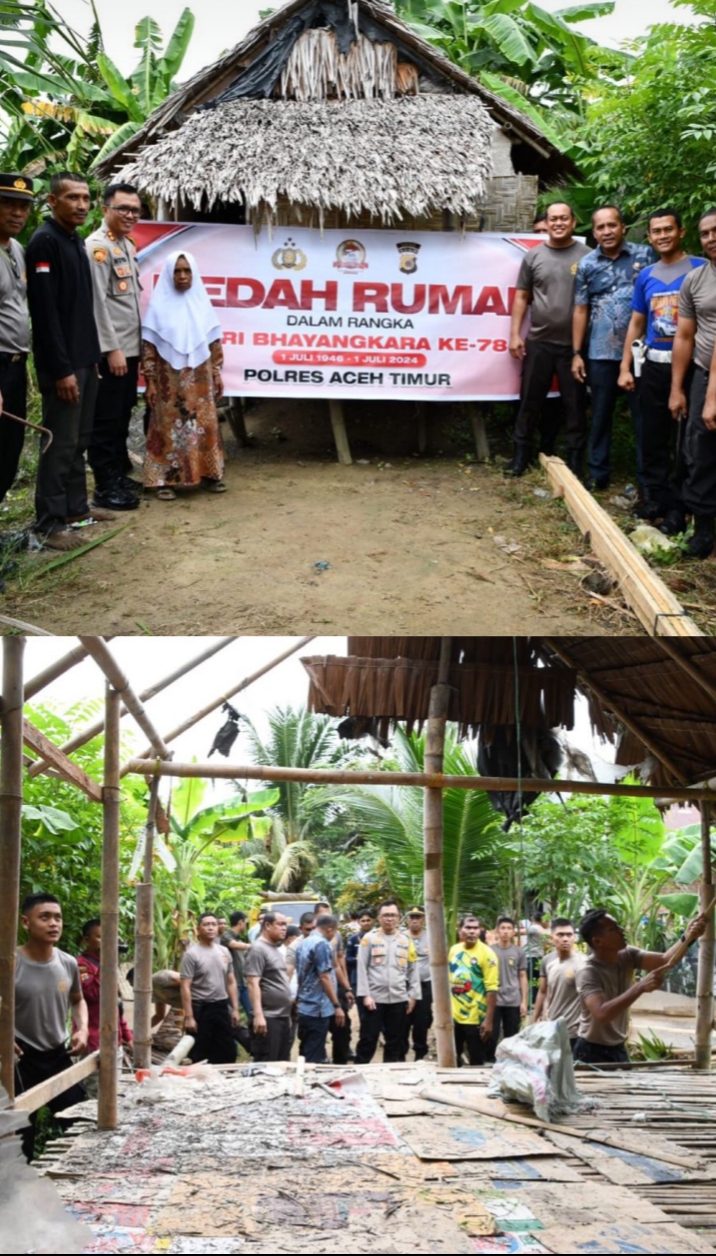 Menyambut Hari Bhayangkara ke 78, Polres Aceh Timur Bedah Rumah Warga Idi Rayeuk