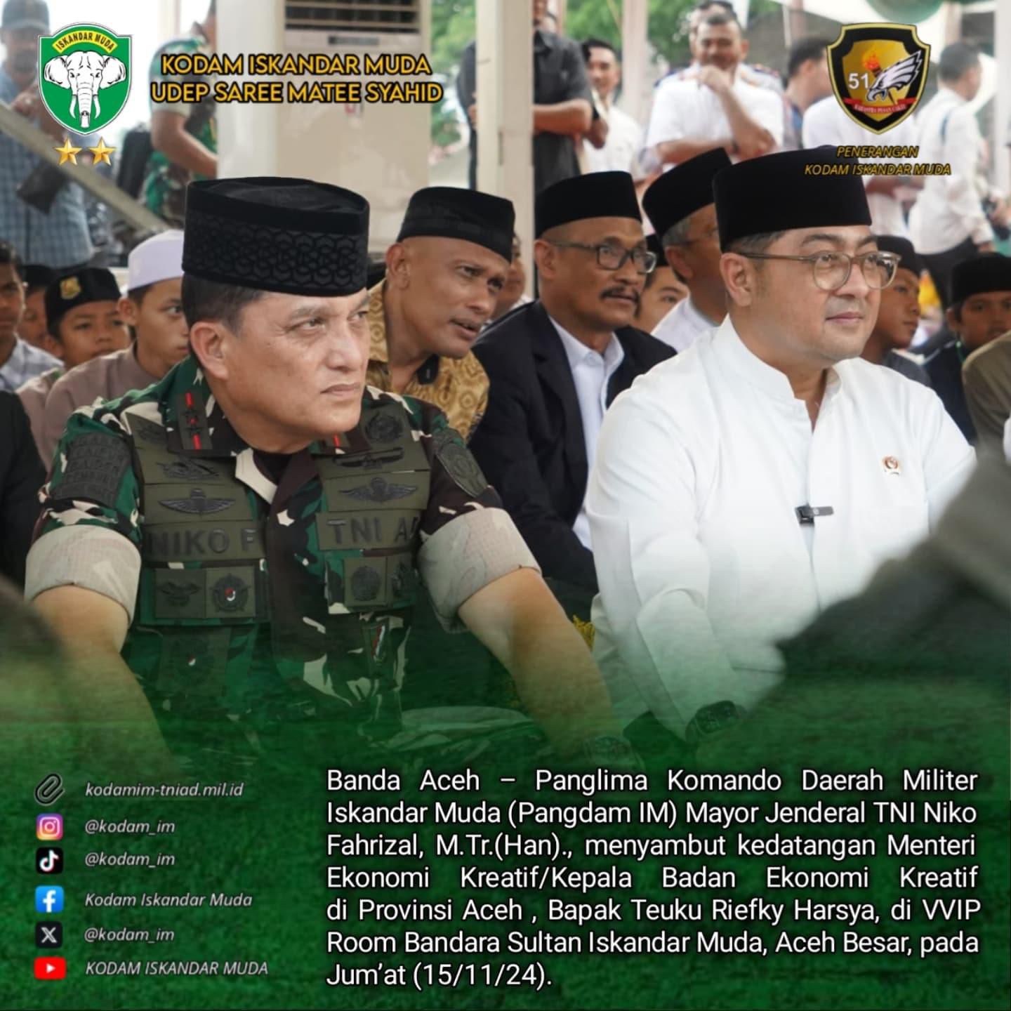 Pangdam Iskandar Muda sambut kedatangan Menteri Ekonomi Kreatif di Aceh