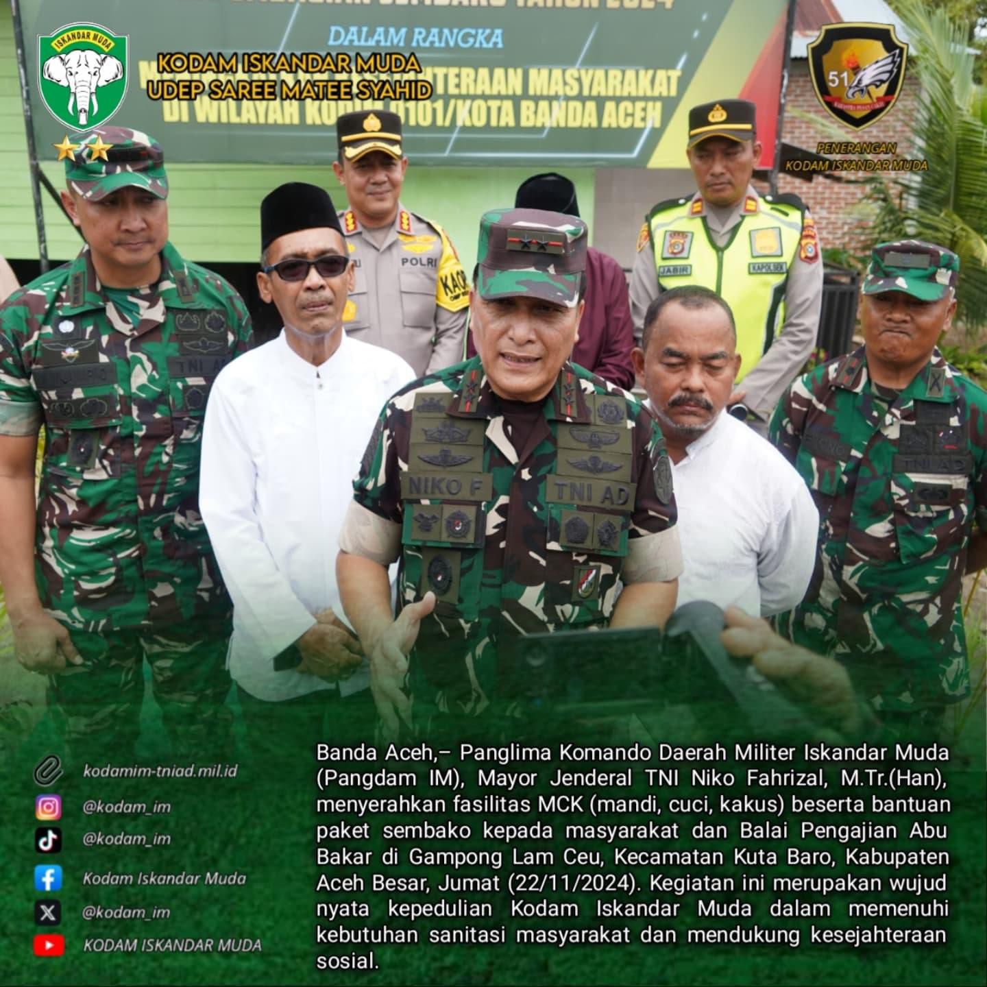 Pangdam Iskandar Muda Serahkan Bantuan MCK dan Sembako kepada Masyarakat di Gampong Lam Ceu