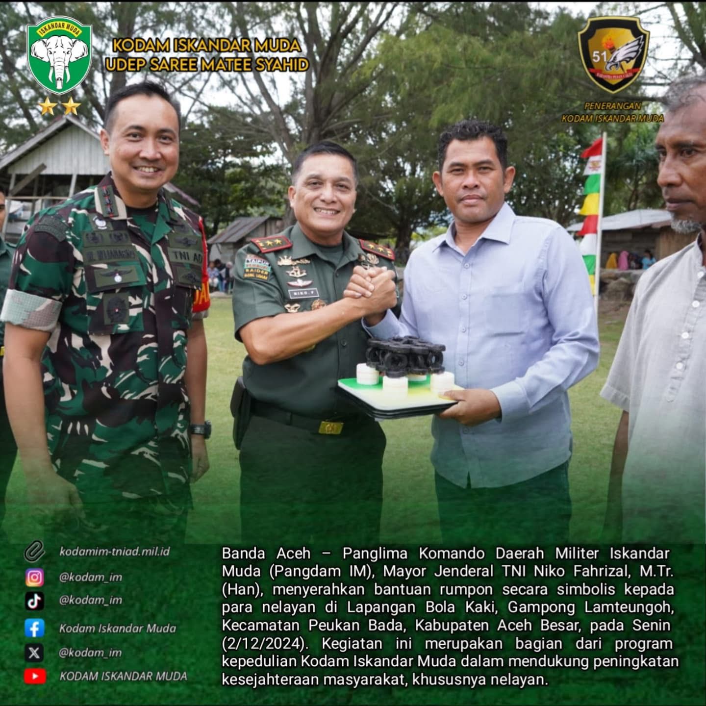 Pangdam Iskandar Muda Serahkan Bantuan Rumpon Kepada Nelayan Desa Lamteungoh Aceh Besar