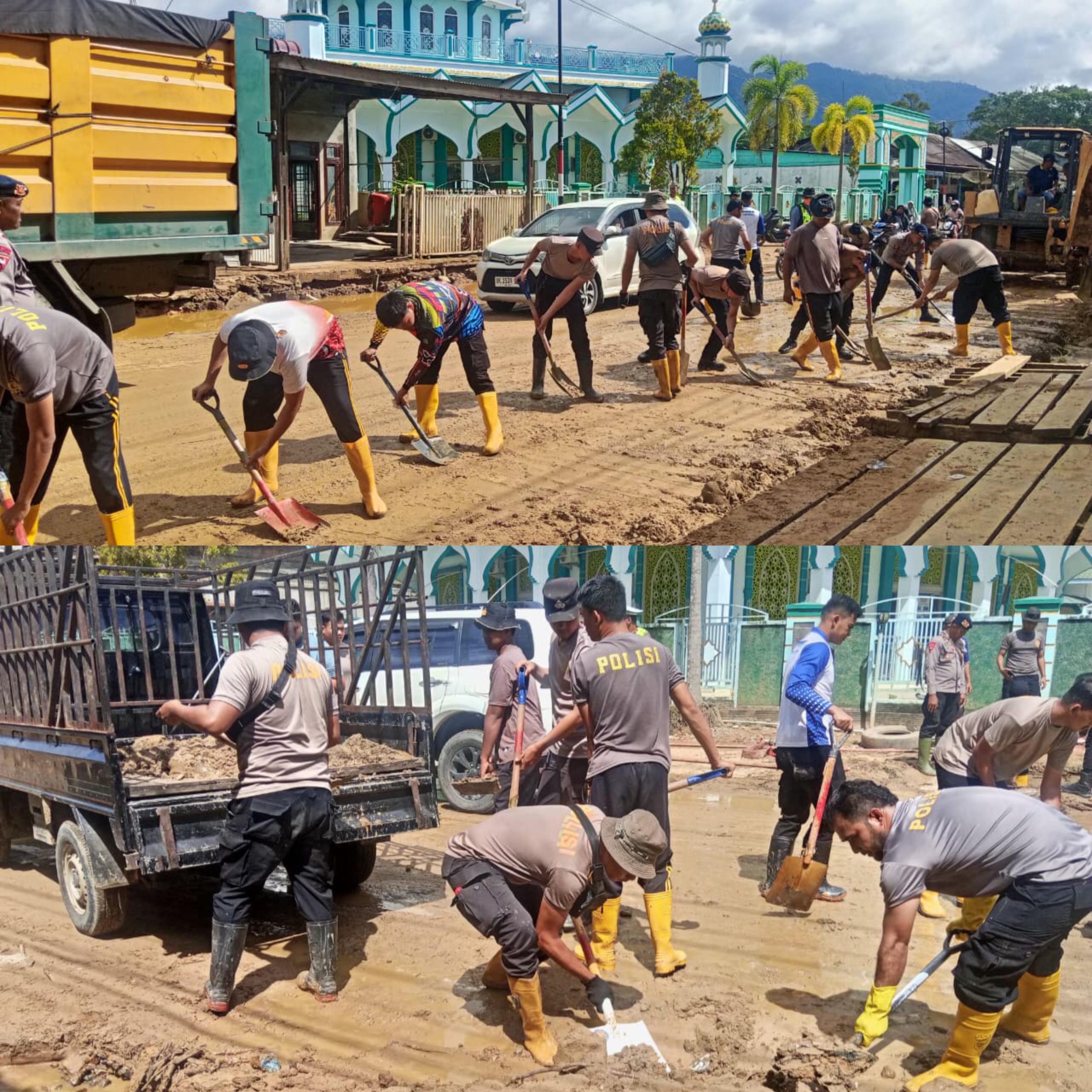 Polres Aceh Selatan Bersama BPBD, Brimob, dan Damkar Berjibaku Bersihkan Sisa Material Banjir Bandang di Trumon Tengah